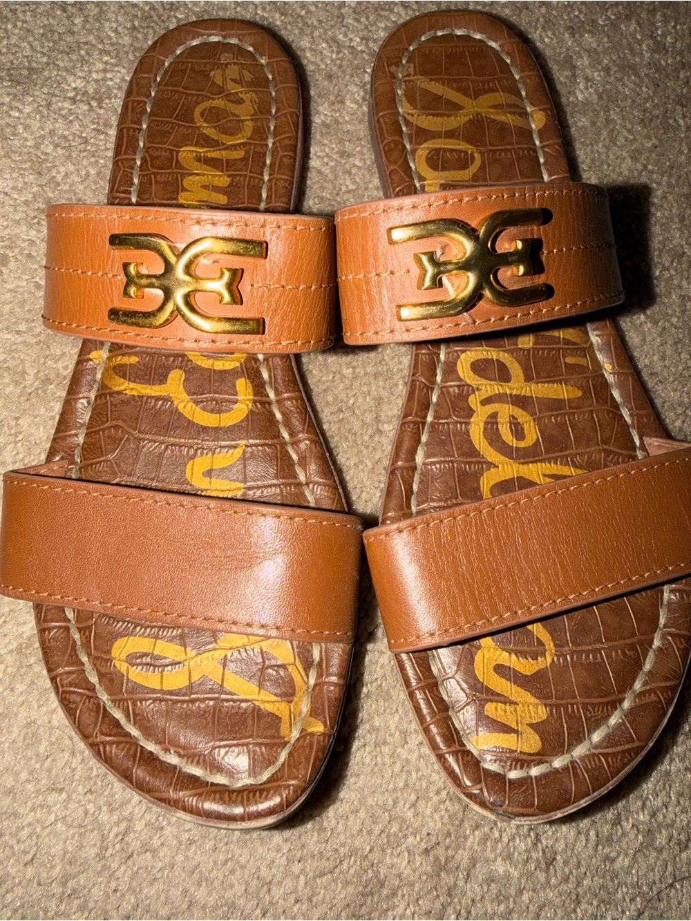 Sam Edelman Brown Leather Double Band Slide Sandals with Gold Logo